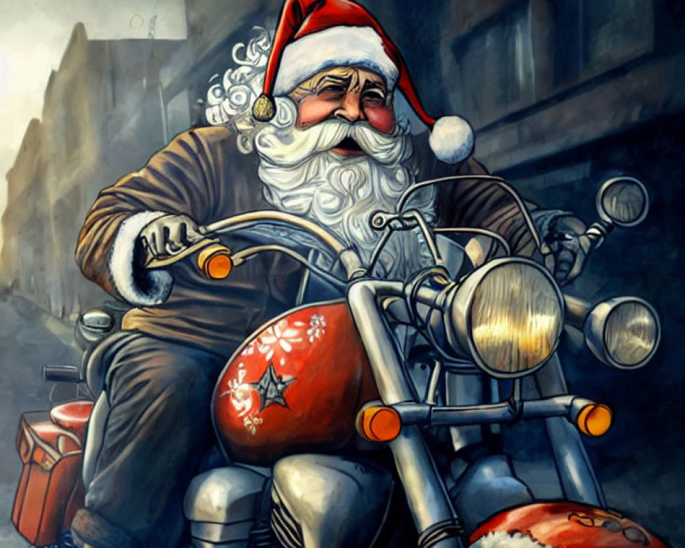Santa Claus on Motorcycle with Gifts in Urban Alleyway
