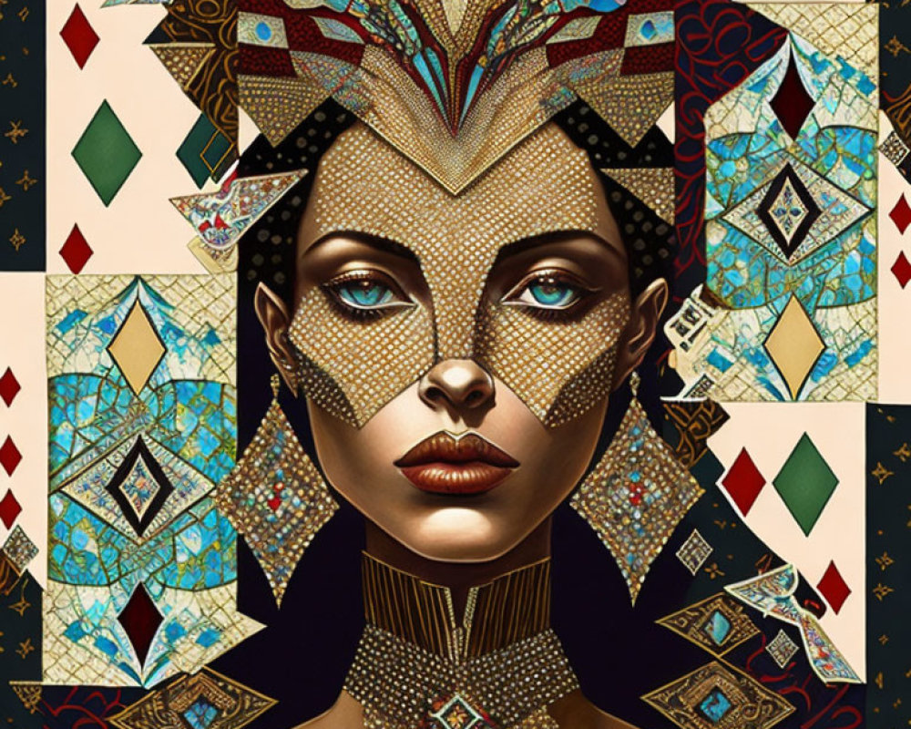 Stylized portrait of a woman with elaborate headwear and jewelry