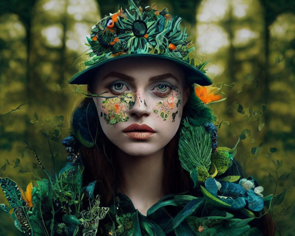 Woman with nature-inspired makeup and floral hat in mystical woodland setting