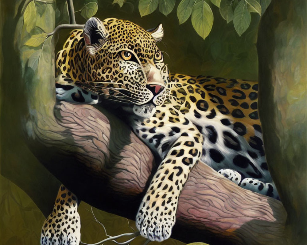 Leopard Resting on Branch in Realistic Painting Style