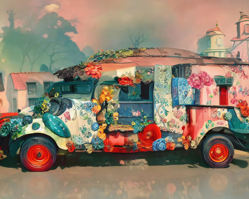 Colorful Floral Pattern Vintage Van Parked in Rural Landscape