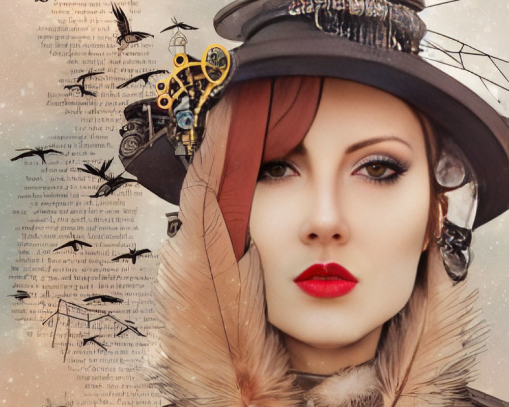 Stylized portrait of woman with red lipstick and hat with cogs and insects against script and dragon