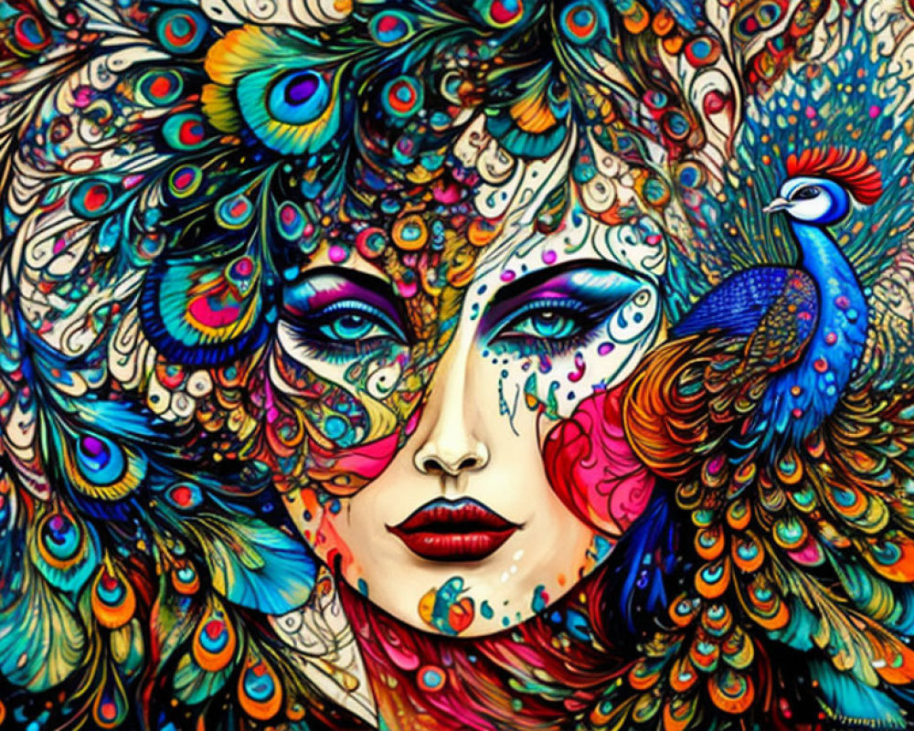 Vibrant face with peacock feather fusion in colorful art.