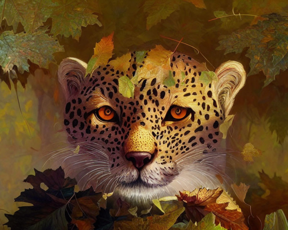 Leopard's face in autumn leaves with amber eyes and spotted fur