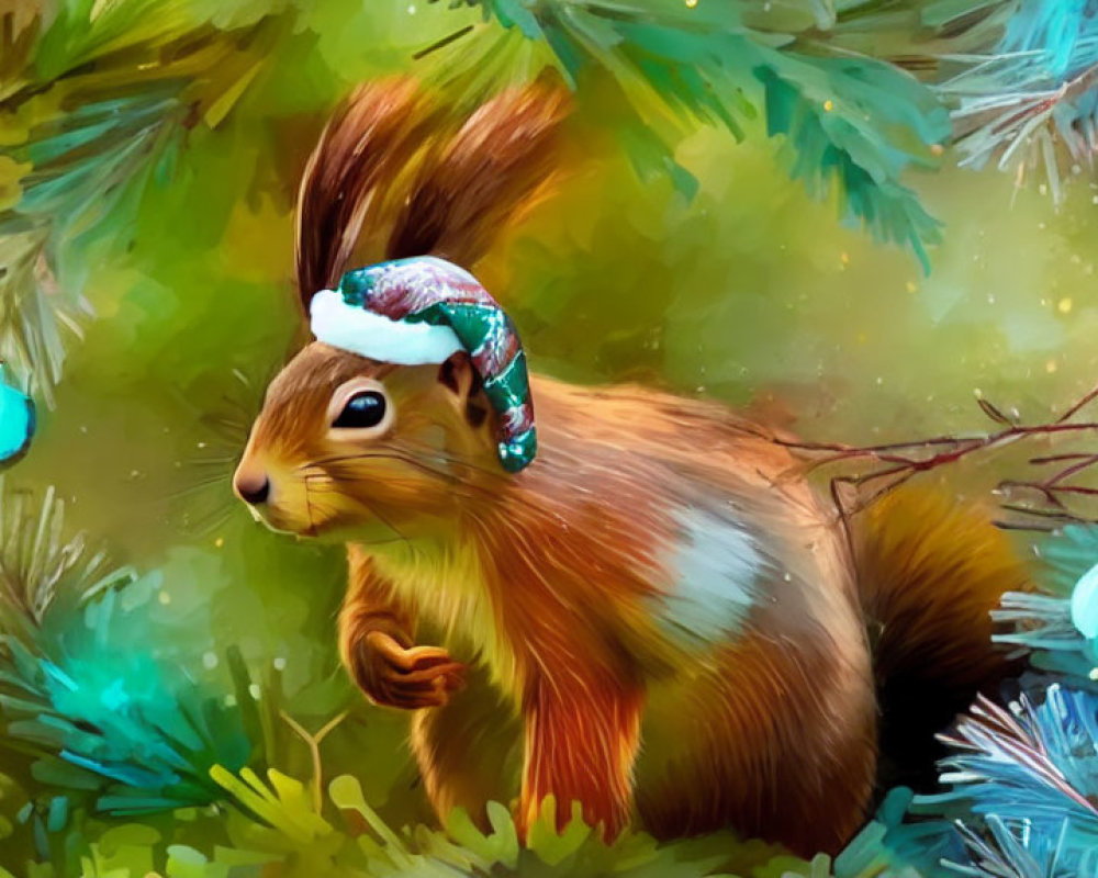 Vibrant squirrel in snowy scene with Christmas ornaments