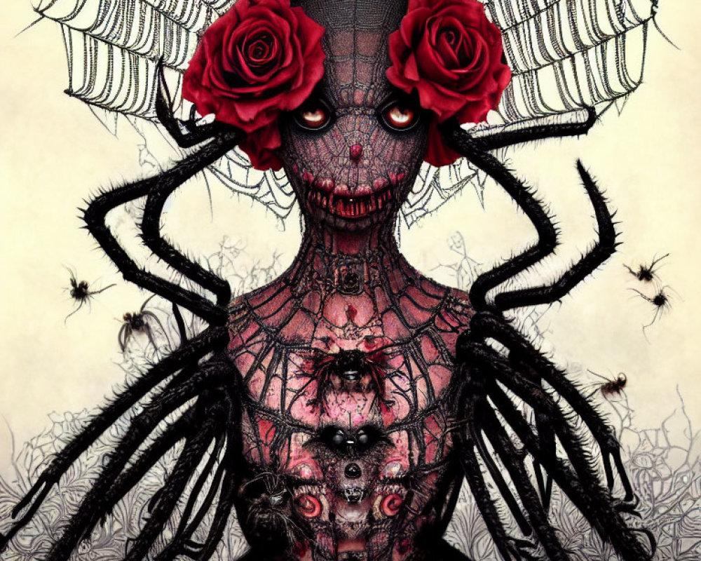 Illustration of humanoid spider creature with red eyes and roses in hair