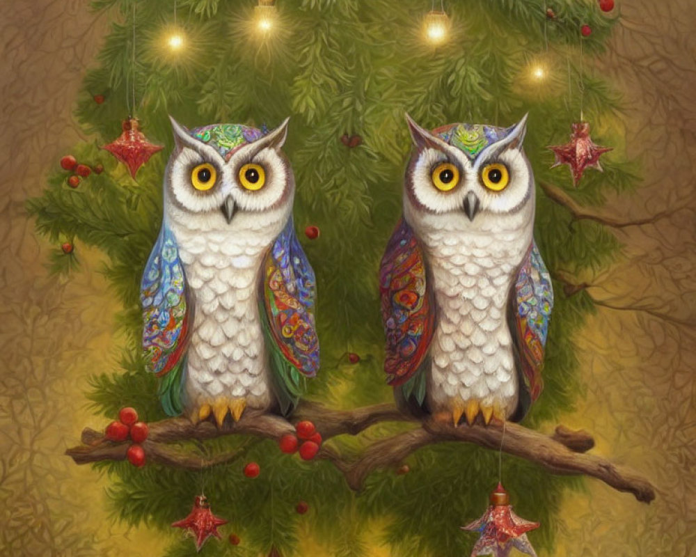 Colorful illustrated owls on branch with Christmas tree backdrop
