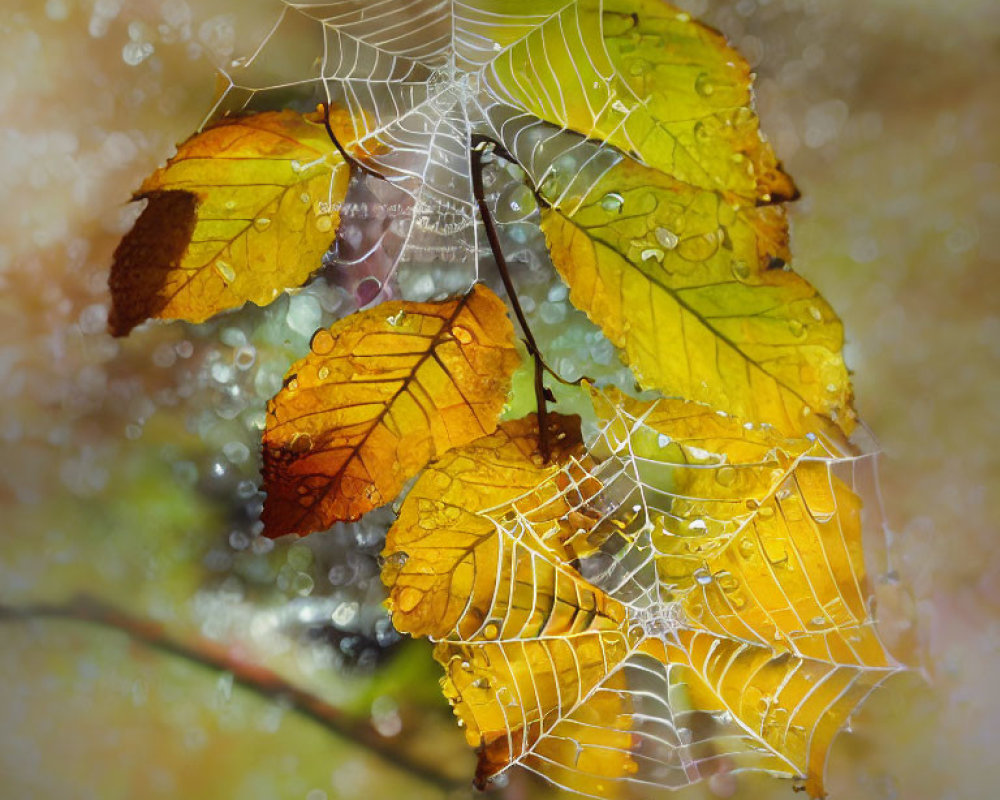 Yellow and Orange Autumn Leaves in Dew-Covered Spider Web
