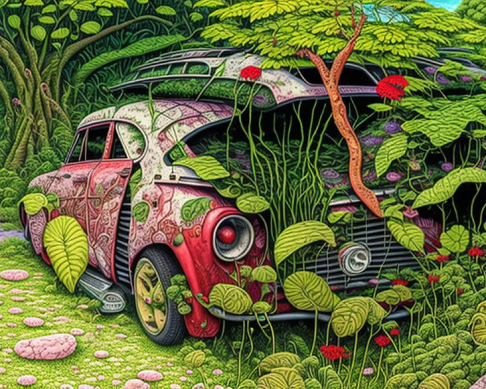 Abandoned vintage car overgrown in vibrant, lush landscape