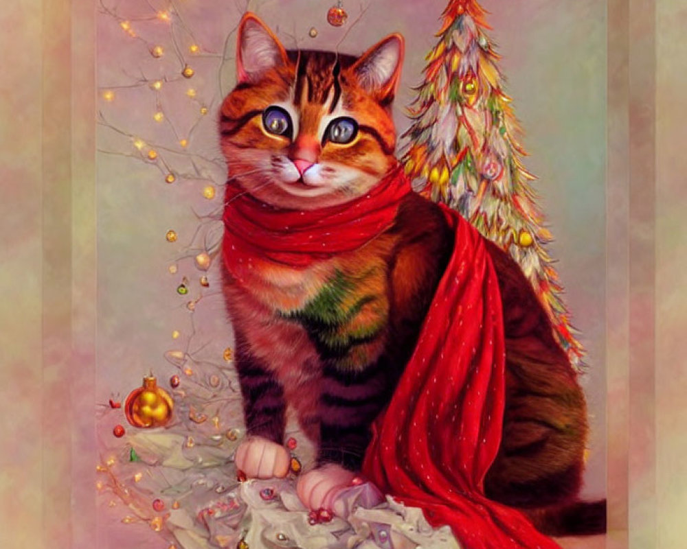 Festive cat in red scarf by decorated Christmas tree