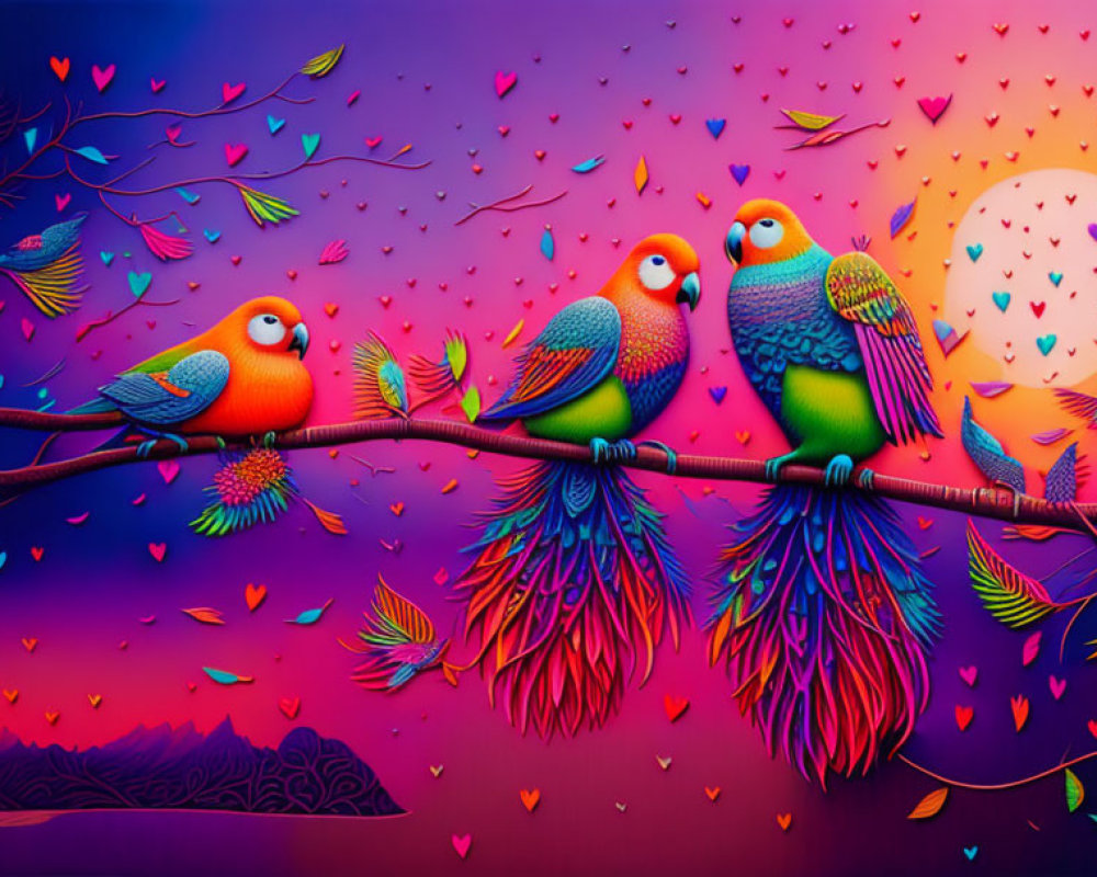 Vibrant sunset scene with colorful parrots on branch and swirling elements