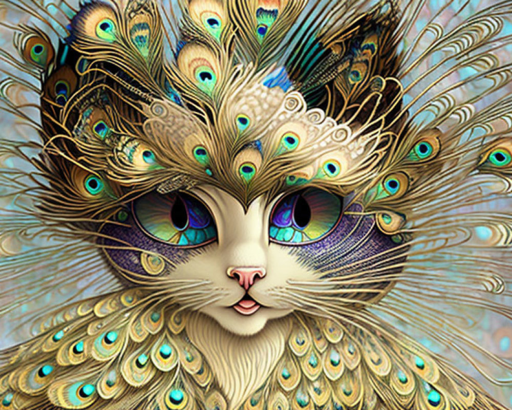 Illustration of cat with peacock feathers, blue eyes, and intricate patterns