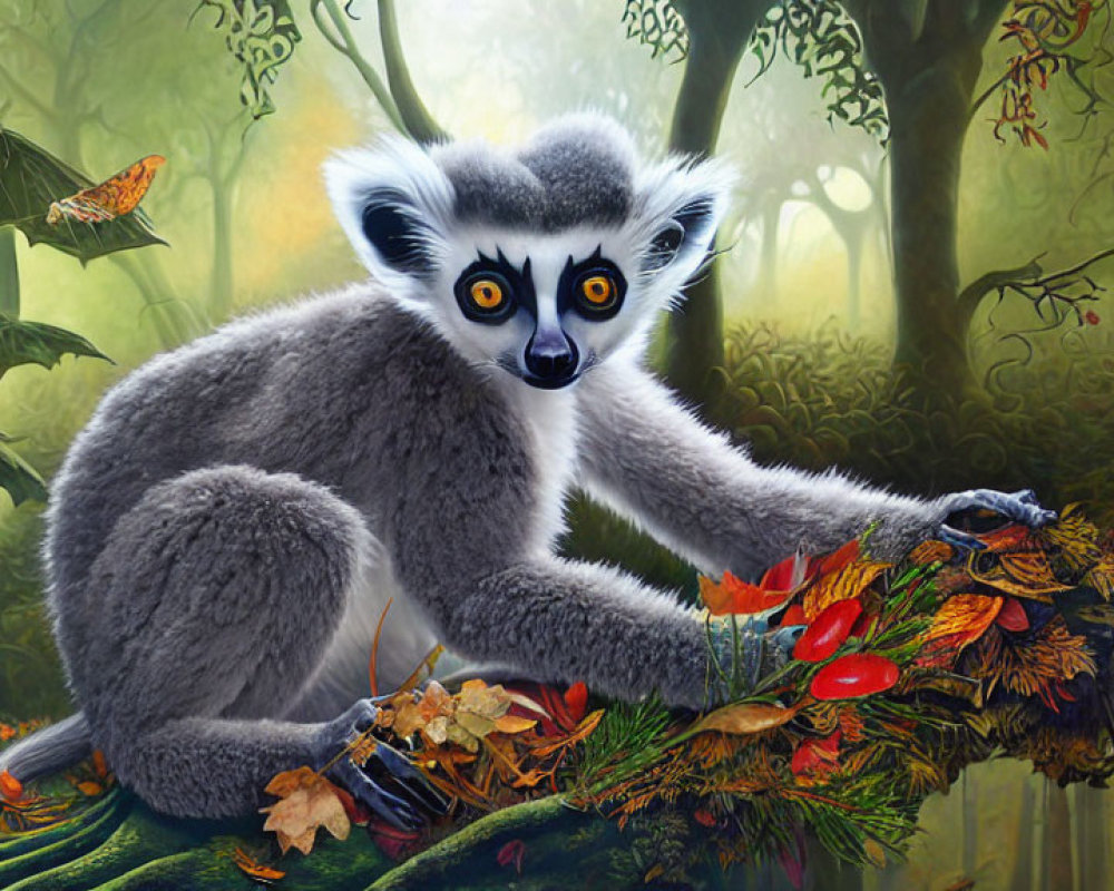 Ring-tailed lemur perched on mossy branch in lush forest with butterfly