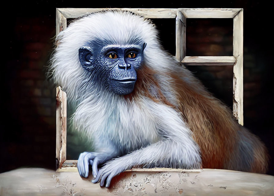 Primate with Blue Face and White Fur Peeking Through Window Frame