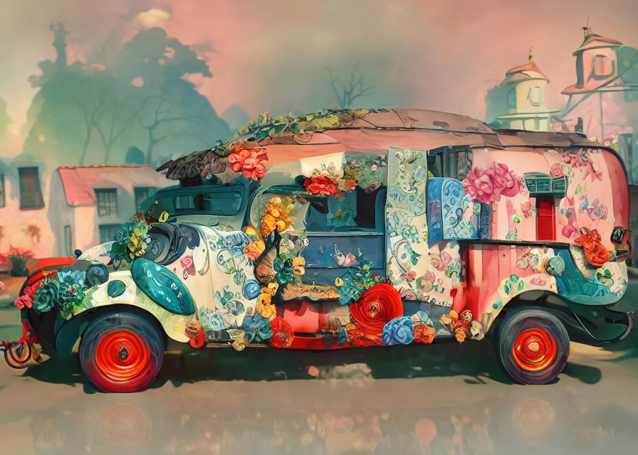 Colorful Floral Pattern Vintage Van Parked in Rural Landscape