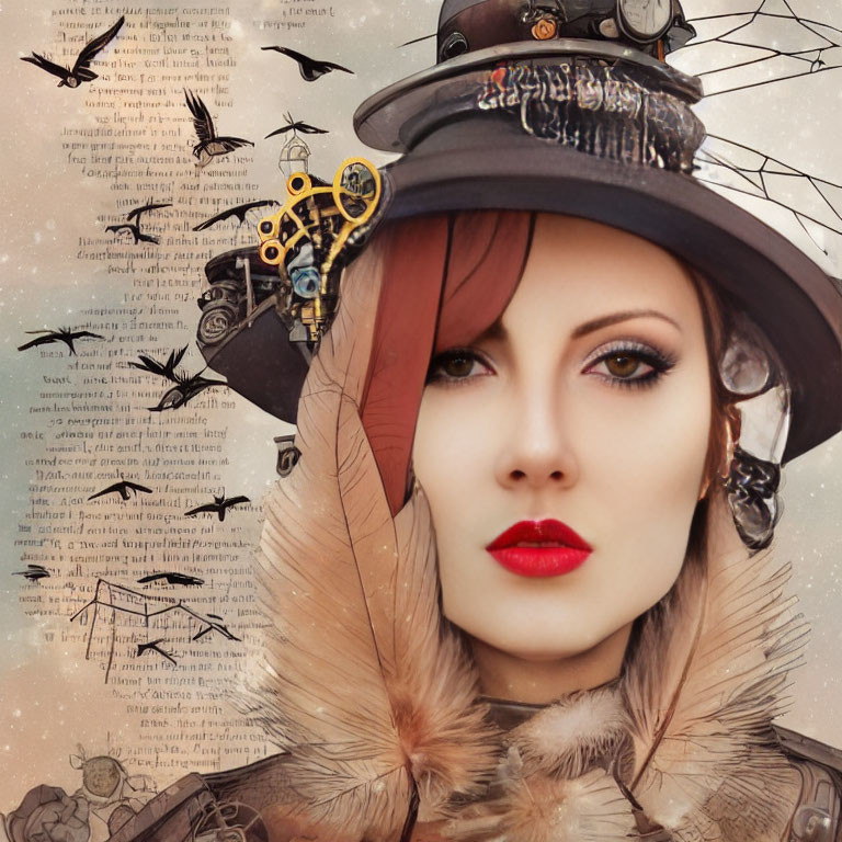 Stylized portrait of woman with red lipstick and hat with cogs and insects against script and dragon