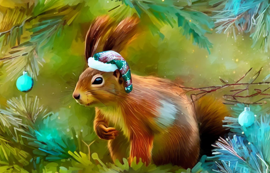Vibrant squirrel in snowy scene with Christmas ornaments