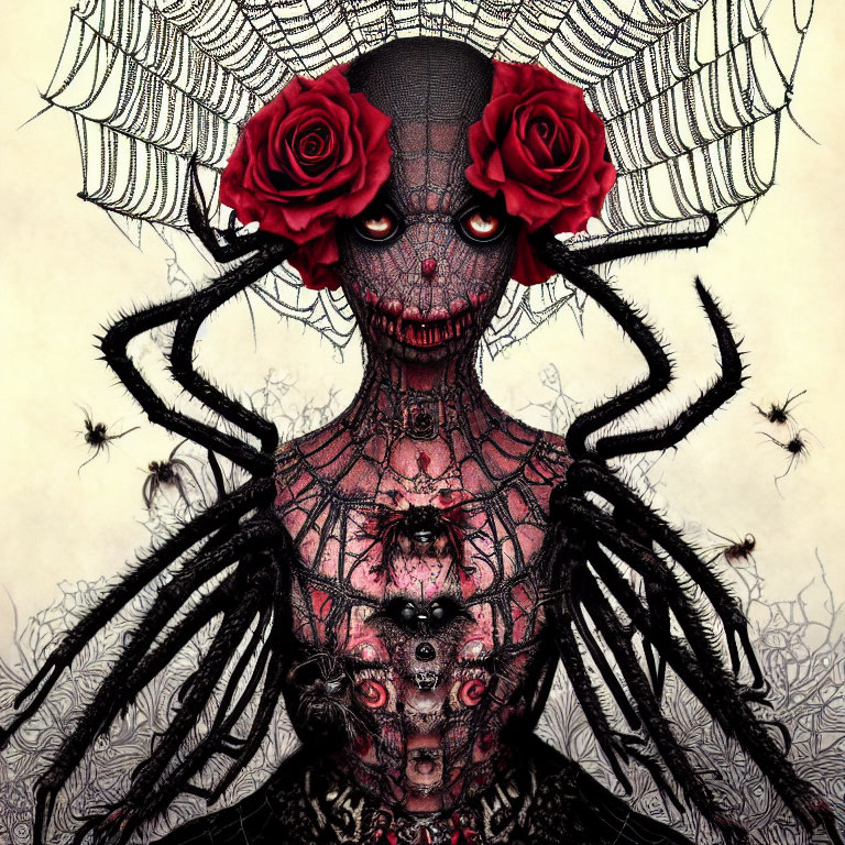 Illustration of humanoid spider creature with red eyes and roses in hair