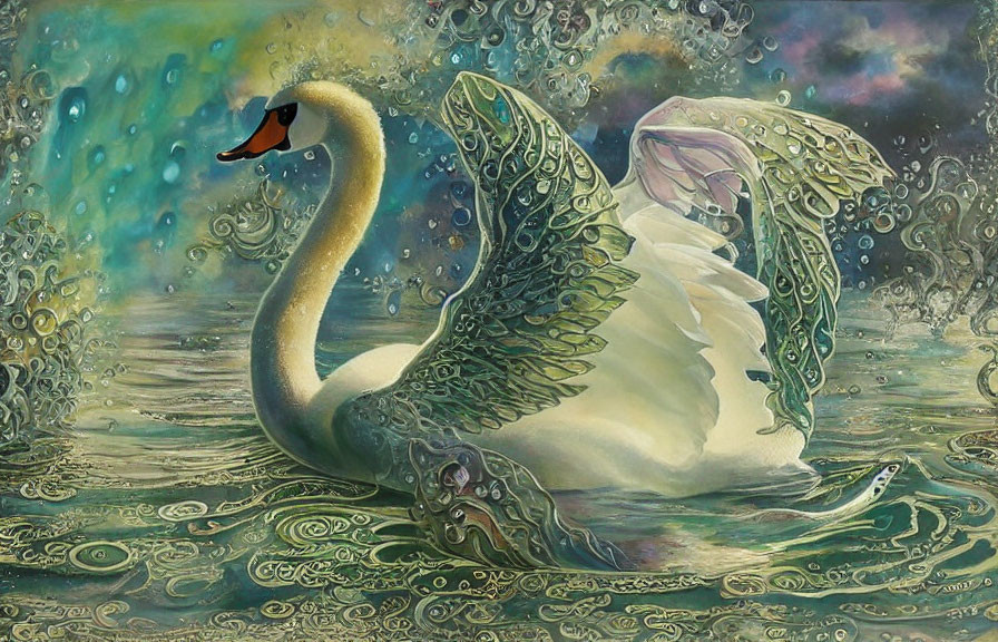 Detailed surreal swan illustration with ornate wings in vibrant water background