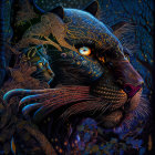 Neon-colored digital artwork of stylized panther with intricate patterns