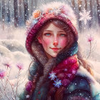 Young woman in colorful scarf and beanie in snowy landscape with pink flora.