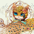 Golden ornate cat with blue eyes and peacock feather details