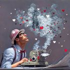 Vintage Attired Man Typing on Old-Fashioned Typewriter with Whimsical Smoke and Hearts