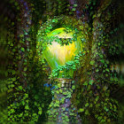 Colorful digital artwork: Glowing green lightbulb with leafy pattern and butterfly.
