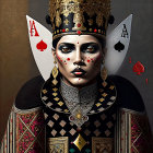 Artistic makeup resembling Queen of Spades with crown, patterned garment, and playing card accessories
