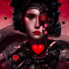 Stylized portrait featuring figure with painted face, red roses, and heart design