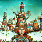 Whimsical painting of woman's face in colorful village by the sea
