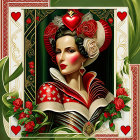 Illustrated Queen of Hearts Playing Card with Elegant Woman, Crown, Heart Motifs, and Rose Border