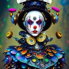 Colorful Clown-Like Figure with Intricate Makeup and Whimsical Hat