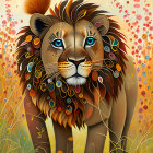 Colorful Illustration of Majestic Lion with Ornate Mane in Grass Field