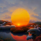 Surreal landscape painting with oversized red and white trees under a glowing orange sun.