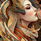Intricate makeup woman with ornate dragons in fantasy setting