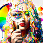 Colorful Psychedelic Portrait of Woman with Dripping Paint and Magnifying Glass