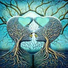 Symmetrical artwork of tree-like faces with heart-shaped branches on blue backdrop