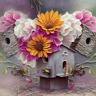 Colorful Birdhouse Illustration with Flower Adorned Facade