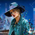 Elegant woman with hat in vibrant cityscape with vintage cars