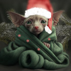 Cute Cat in Santa Hat with Green Eyes and Blanket