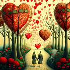 Romantic couple walking down tree-lined path with heart-shaped canopies