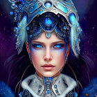 Futuristic digital portrait of a woman in silver and blue attire against cosmic backdrop