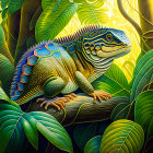 Colorful Green and Yellow Iguana in Tropical Foliage