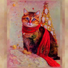 Festive cat in red scarf by decorated Christmas tree