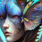 Vibrant human figure with blue patterned skin and butterfly wings