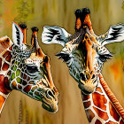 Stylized giraffes with intricate fur patterns in colorful abstract forest.