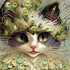 Illustration of cat with peacock feathers, blue eyes, and intricate patterns
