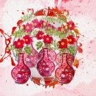 Colorful Flowers in Vibrant Vases on Pink Background with Paint Splatters