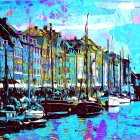 Vibrant painting of historic harbor with European buildings and sailboats